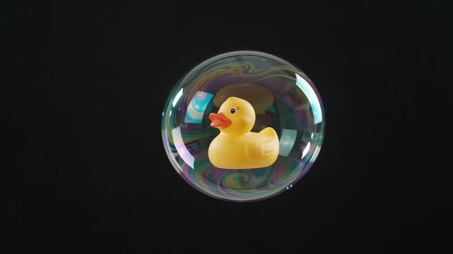 small yellow rubber duck floating inside a transparent soap bubble on a dark background