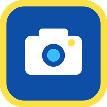 yellow rounded square border enclosing blue rounded square background with white camera body blue circular lens cyan center circle and small yellow accent circle on the side