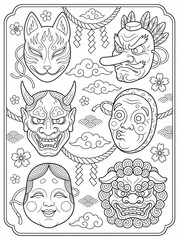 Naklejka premium Coloring page panel of traditional Japanese festival masks including fox tengu demon and lion dance masks
