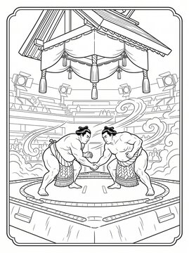 Coloring page of two ukiyo-e style sumo wrestlers facing off in a ring under a hanging roof canopy in a modern arena