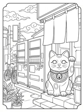 Coloring page of a large beckoning cat statue at a modern Japanese street corner with vending machines and a shop curtain