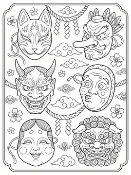 Coloring page panel of traditional Japanese festival masks including fox tengu demon and lion dance masks