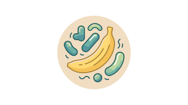Banana and floating probiotic bacteria on circular background.