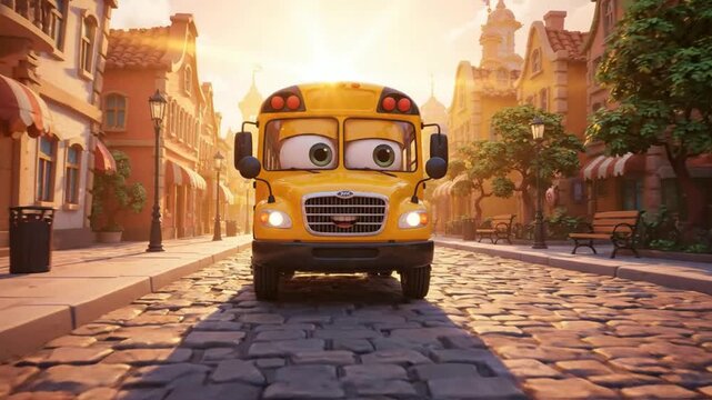 Cute animated school bus character winking on a cobblestone street at sunset 3 d cartoon style