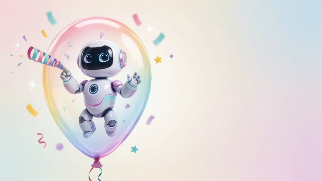 Cute robot celebrating inside a translucent balloon with confetti and party horn during a joyful event