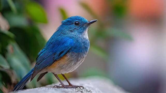 Small blue bird standing on a stone ledge.