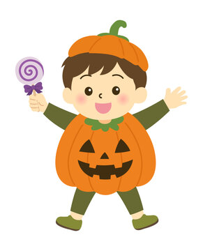 かぼちゃのハロウィン仮装をした子供のイラスト｜ハロウィン・仮装・イベント