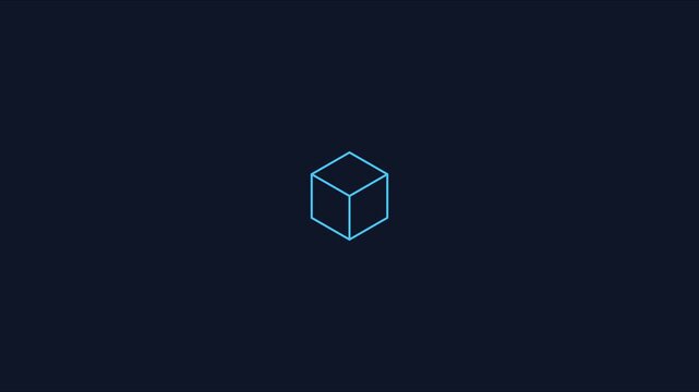 Minimalist neon cube animation: glowing geometric wireframe shape rotating on dark 4k background, for tech and, digital projects