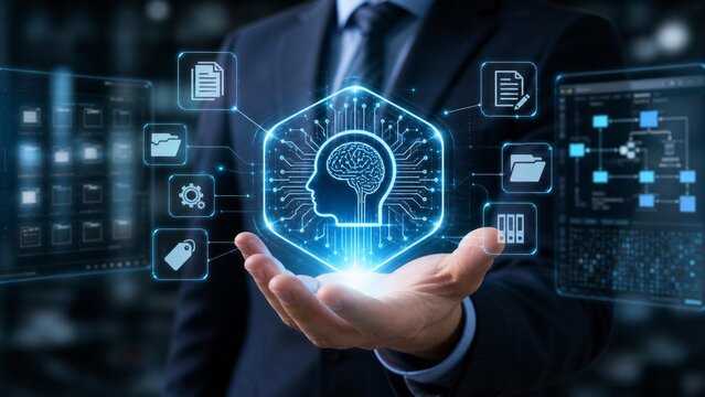 Businessperson Interacting with Artificial Intelligence Icon for Document Generation, Summarization, Proofreading, and Editing Automation.