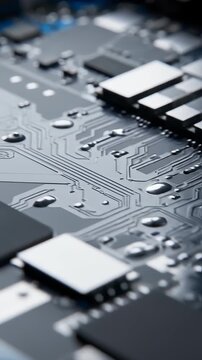 Macro exploration of modern circuit board with reflective lens and microchips