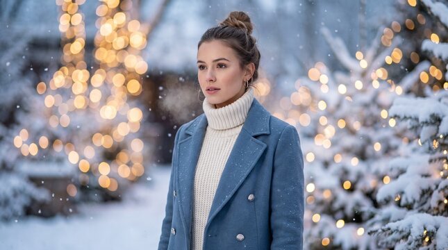 Portrait of beautiful young woman in blue winter coat in snowy park
