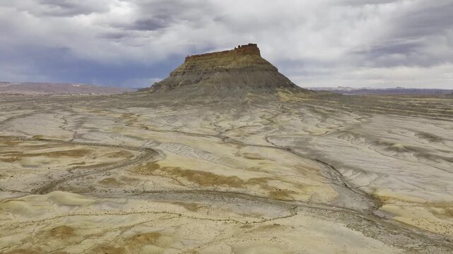Aerial view of Factory Butte and Utah badlands landscape