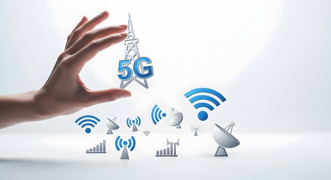 Hand Holding 5G Technology Icon with Wireless Connectivity and Communication Network Symbols