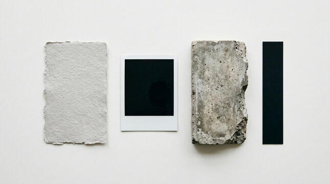 Textured paper sheet beside an empty polaroid frame with a rough concrete block and slim black strip on white background