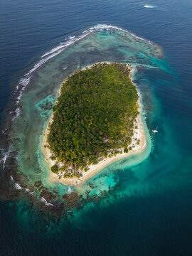 Aerial view of a lush tropical island with palm trees, a white sand beach, and vibrant turquoise coral reefs surrounded by deep blue ocean waters in Guna Yala Comarca, Panama.