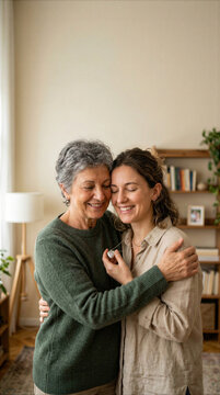 Mother and daughter embrace after opening a keepsake