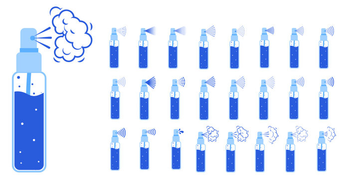 Set of twenty five blue filled spray bottle icons showing mist jets fans clouds arcs droplets and stream effects. Perfect for deodorant fragrance cleaning UI pictograms logos branding graphics