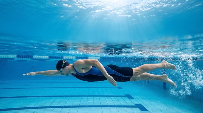 Male swimmer doing freestyle stroke underwater in pool