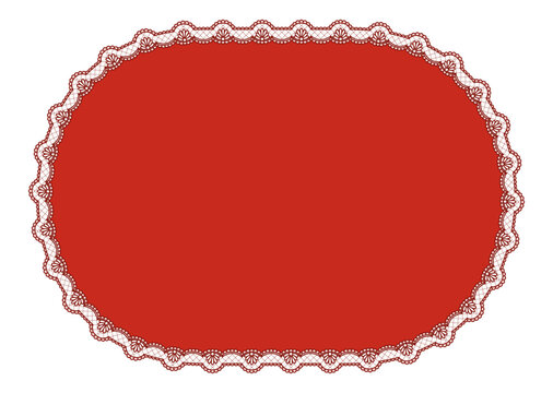 Ivory lattice trim scallops wrap horizontal ellipse red center on matching scarlet ground as Victorian crochet ornament. isolated for wedding invitation labels or festive stationery layout designs.