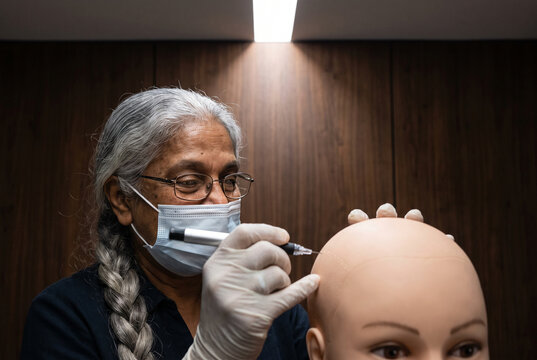 Cosmetology training with senior esthetician practicing eyebrow mapping on mannequin head