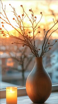 Ceramic Vase with Dried Branches and Lit Candle at Sunset