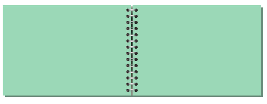 Green B5 landscape spiral page has black center coils, blank rectangular sheet, clean surface, and gray offset shadow. Useful for sketching, classwork, project planning, or editable layouts