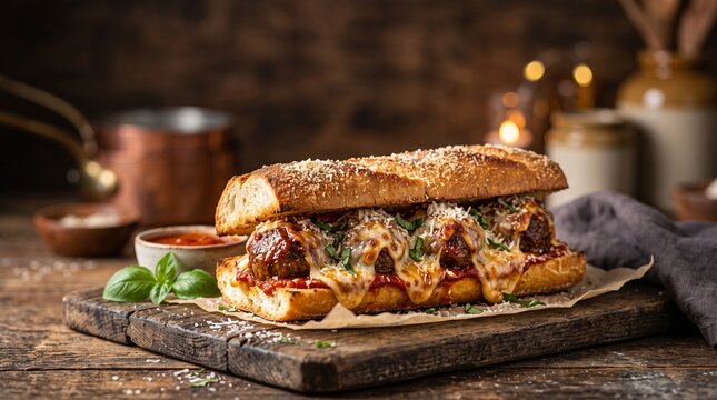 Delicious Meatball Sub Sandwich with Melted Cheese and Marinara Sauce on a Rustic Wooden Board