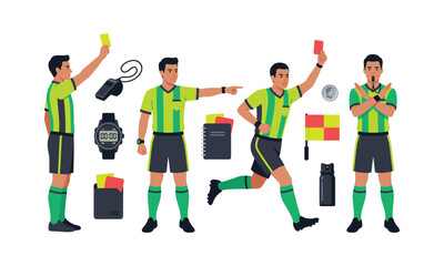Obraz premium Soccer Referee actions with cards and whistle in dynamic poses vector illustration