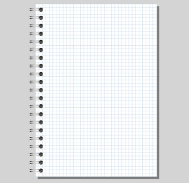 Vertical notebook page shows silver side coils, white blue grid surface, neat perimeter, soft shadow, grey backdrop. For printable stationery, education, office writing, notes, planning