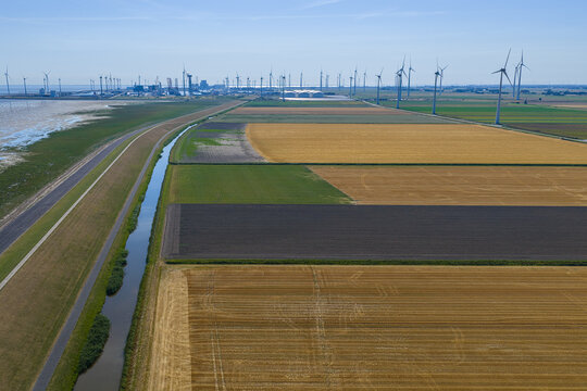 Aerial view of Eemshaven wind farm with rows of wind turbines, agricultural fields, a canal, and port infrastructure in the distance in Eemshaven, Groningen, Netherlands.