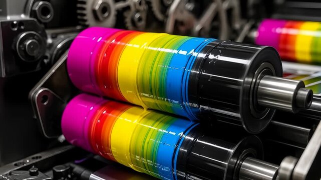 Vibrant printing press in action with rotating colorful cylinders