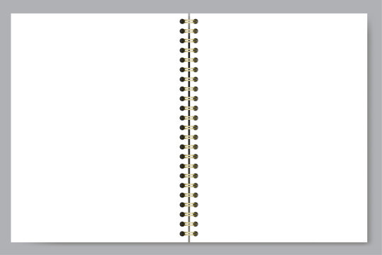 White blank notebook page shows unruled surface, side wire binding, and wide landscape format on background. Suitable for schoolwork, planning, stationery layouts, notes and printable worksheets