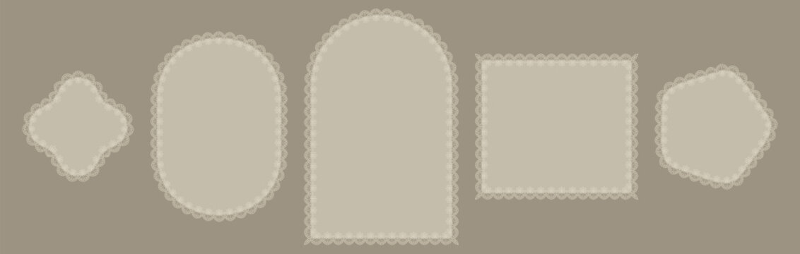 Cream daisy eyelet lace borders outline quatrefoil, vertical ellipse, tombstone arch, rectangle plus pentagon frames on muted taupe as vintage elegant wedding trim set for invitations or labels.