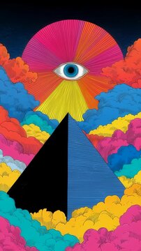 Vibrant surreal pyramid and eye transformation with radiant clouds and symbols