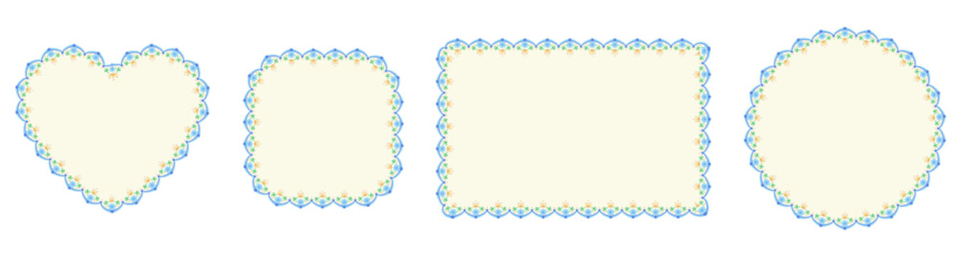 Cream folk floral lace borders outline heart, square, rectangle plus circle frames with cobalt scalloped embroidery and orange flower trim as vintage set isolated on white for wedding stationery.