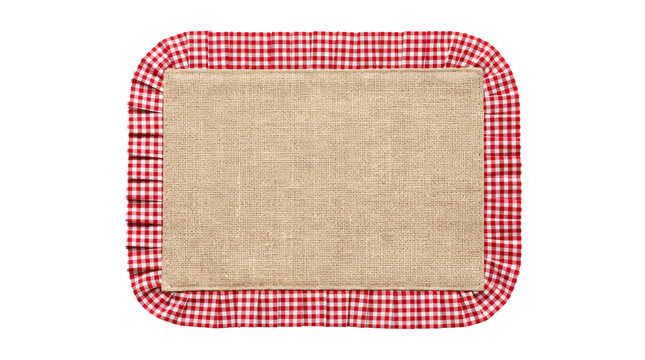 Rustic burlap placemat featuring classic red and white checkered fabric ruffles around the rectangular border edge on transparent background