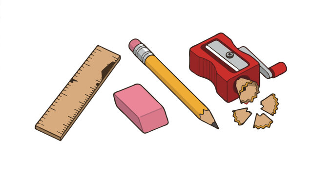 A red pencil sharpener with shavings, yellow pencil, pink eraser, and wooden ruler on a white background