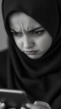 Portrait of a Frustrated Woman in a Hijab Looking at a Smartphone