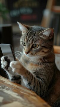 Tabby Cat Looking at a Smartphone on a Table in a Cafe