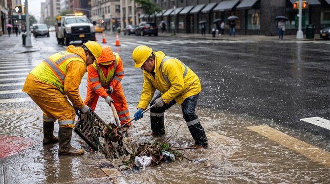 City workers clear storm drain during heavy rainfall and urban flooding, addressing weather impacts