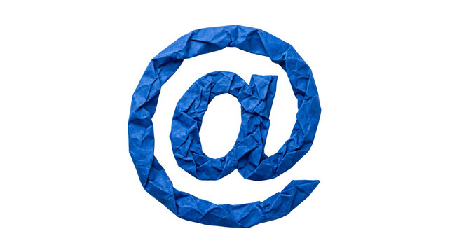 Blue email sign crafted from rumpled paper pieces showing unique texture and vibrant artistic style displayed isolated on transparent background
