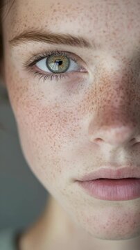 Close-up portrait of a young woman with prominent freckles and blue eyes