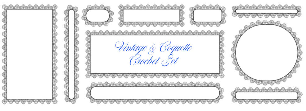 Black floral crochet borders form circle, rectangle, vertical strip plus horizontal banner frames beside coquette title text on clean ground as vintage trim for invitation labels or menu designs.