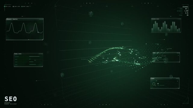 SEO rank ascent HUD with glowing green keyword wave mesh motion