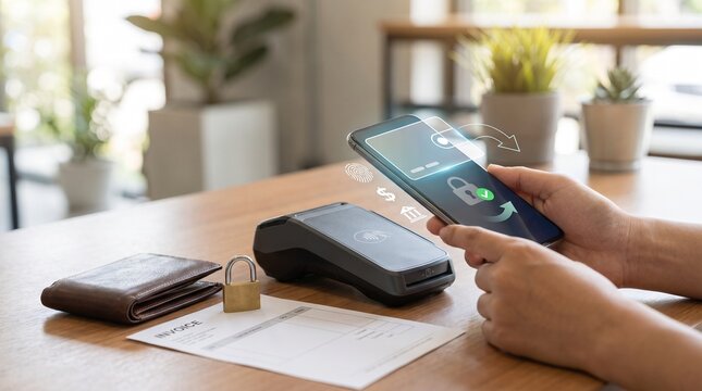 Secure contactless mobile payment transaction using smartphone with fingerprint biometric authentication for retail.