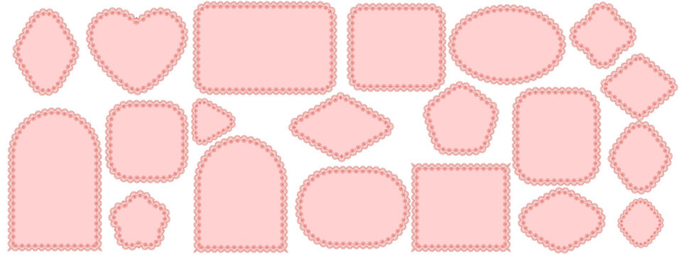 Blush pink daisy eyelet lace borders outline rhombus, heart, rectangle, square, ellipse, tombstone arch, pentagon frames on white as romantic vintage wedding label set for invitations or stationery.