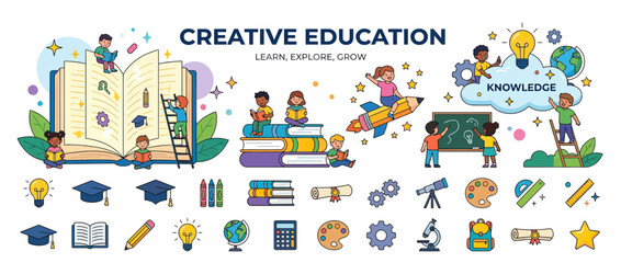 Fototapeta premium Creative education concept with children learning and growing
