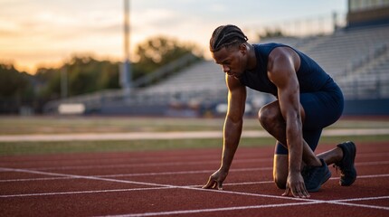 Fototapeta premium Athlete poised at starting line on track during sunset preparing for sprint race competition