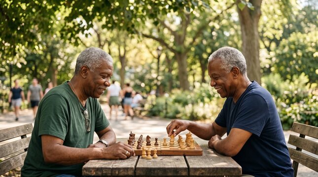 Two elderly African American men enjoying a game of chess in a sunlit park on a wooden table