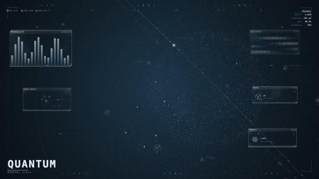 Quantum orbital state HUD with glowing blue scattered qubit particle